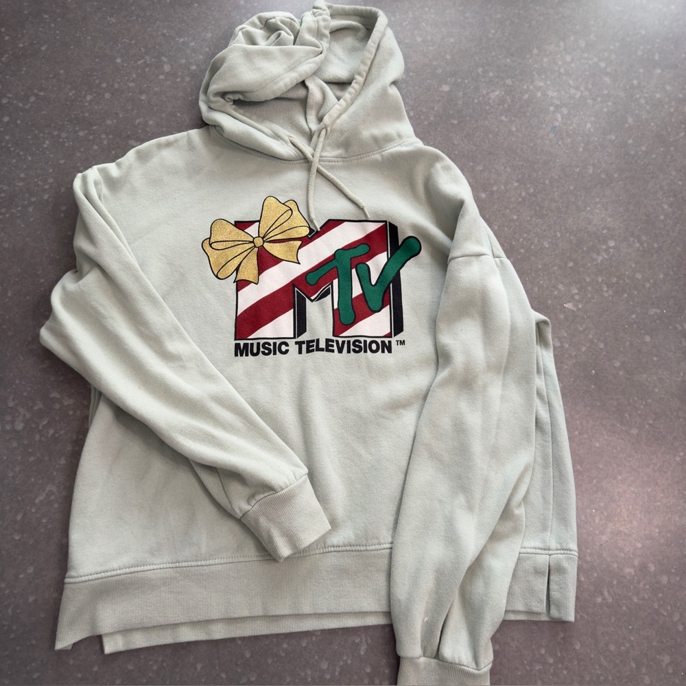 MTV Holiday Logo Hoodie with Gold Bow – Size Medium - Picture 2 of 7